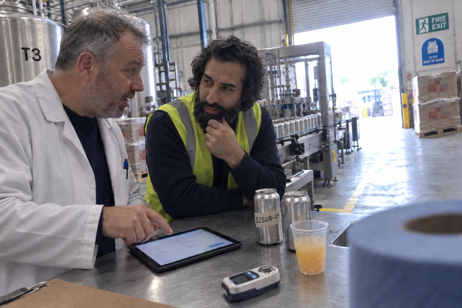 The quality manager in a white lab coat pointing at a held record on a tablet at a steel bench beside the filling line, while the project manager in a hi-vis vest listens.