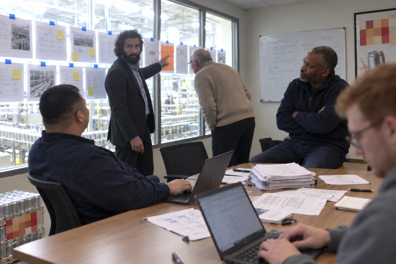 The project manager pointing at a page covered in sticky notes on a wall of taped-up draft pages, with colleagues round the meeting table looking on.