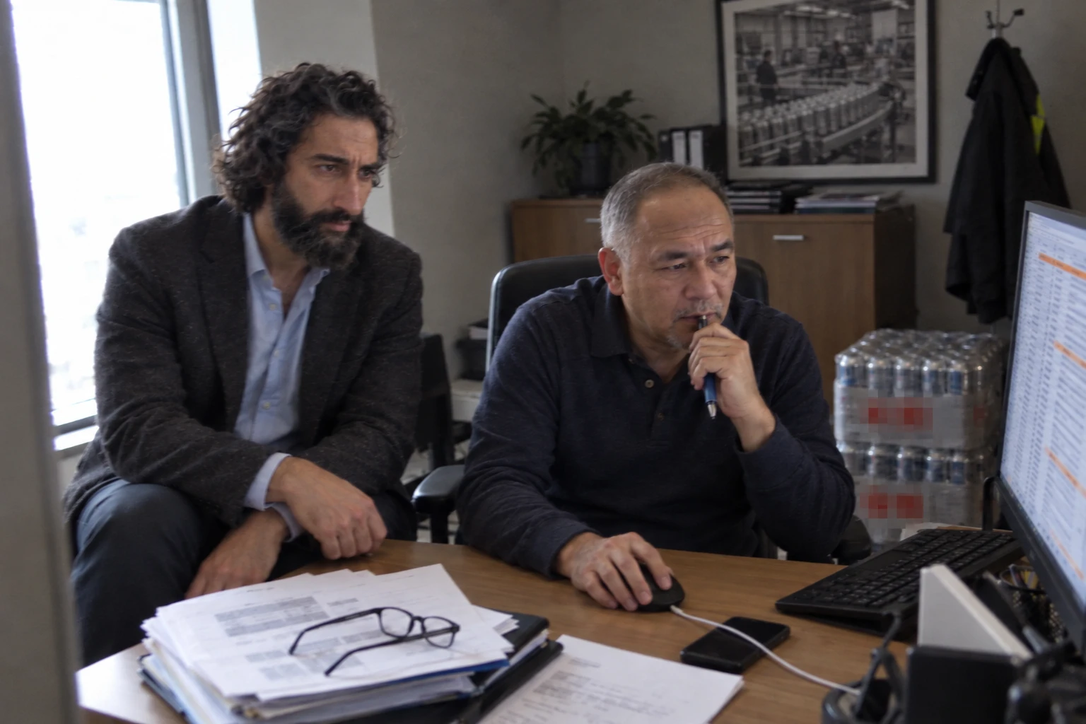 The project manager and a colleague at an office desk, reading a month's production records on a monitor beside a pile of printed batch sheets.