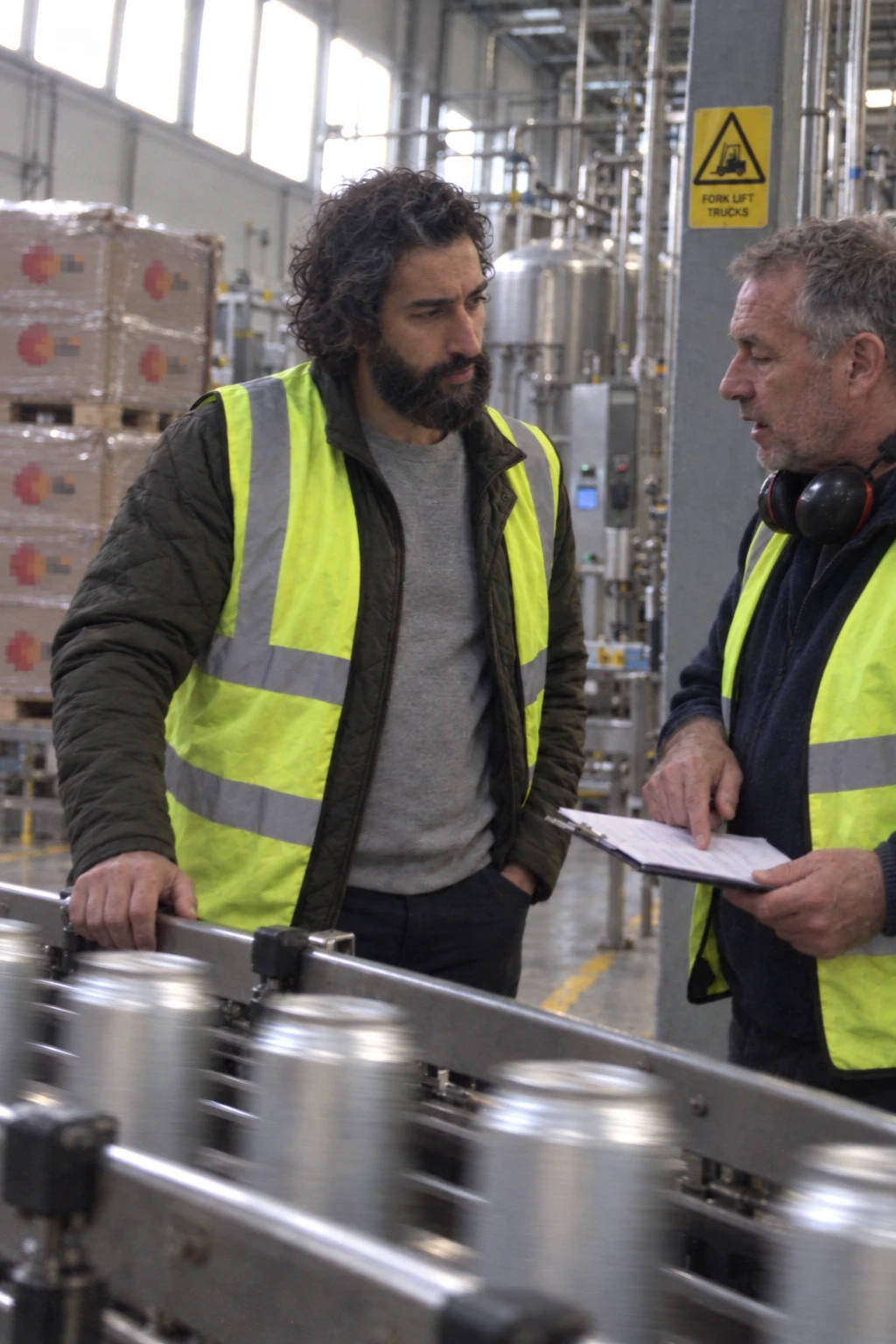 The project manager at the packing line in a hi-vis vest, listening to a production manager who points at a batch sheet on a clipboard.