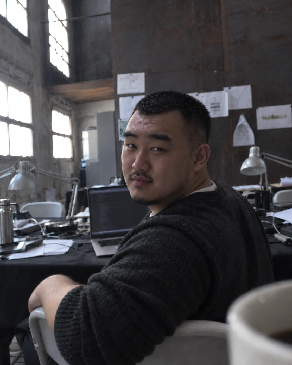 The lead engineer at a desk in the studio, turned round in the chair towards the camera, in a charcoal jumper over a white T-shirt.