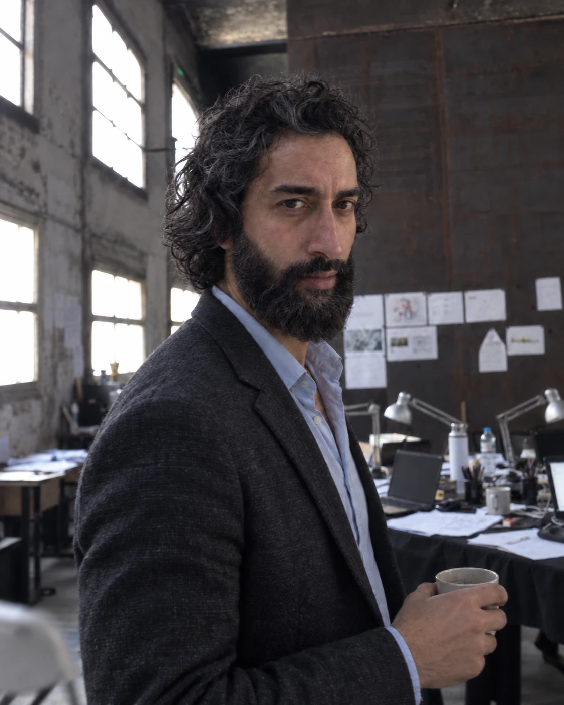 The project manager leaning against a window frame in the studio with a mug in hand, in a charcoal wool blazer over a pale blue shirt.