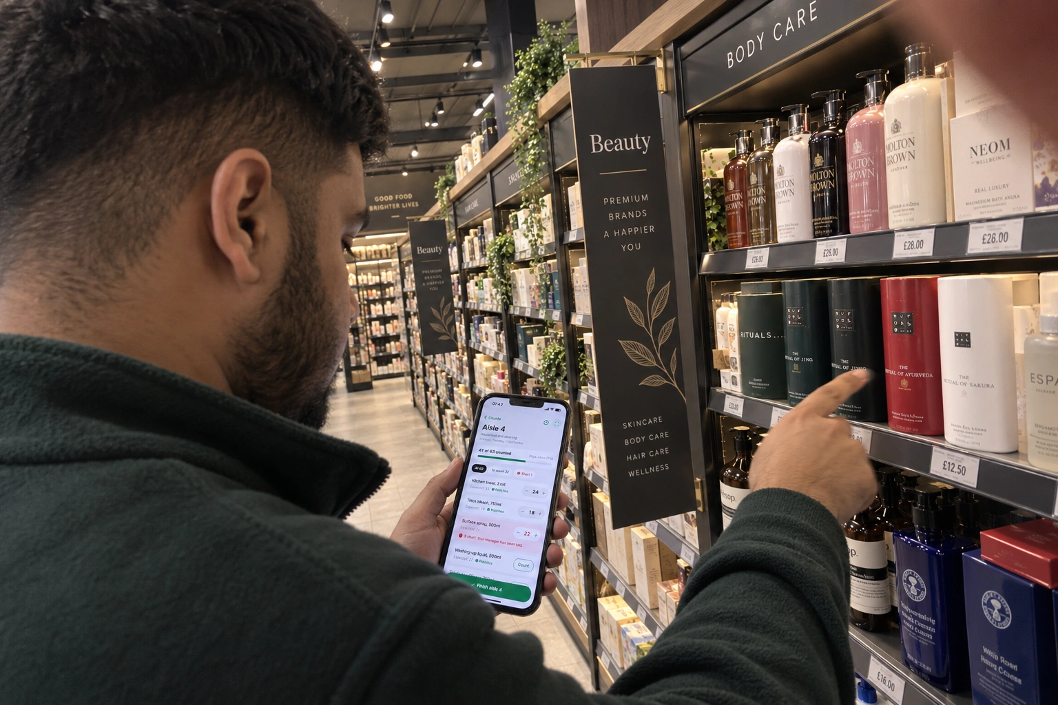 A shop assistant in the body care aisle counting along a shelf with one hand, the stock count for aisle four open on the phone in the other.
