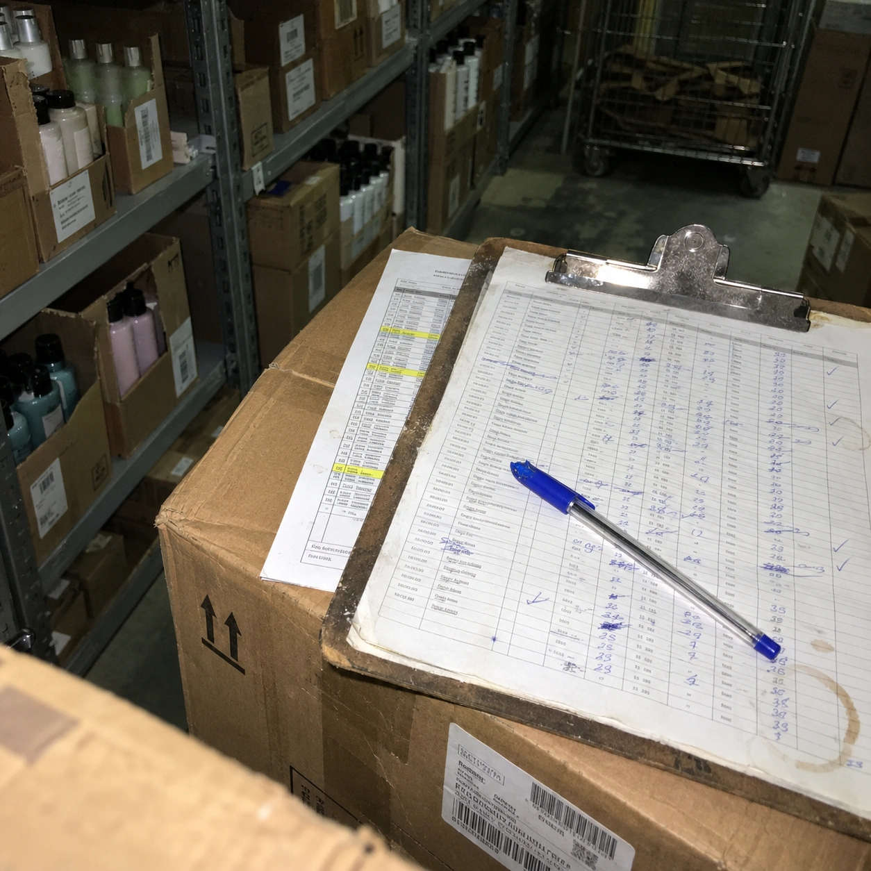 A clipboard with a handwritten stock count sheet and a printed spreadsheet marked with highlighter, resting on boxes in a shop stockroom.