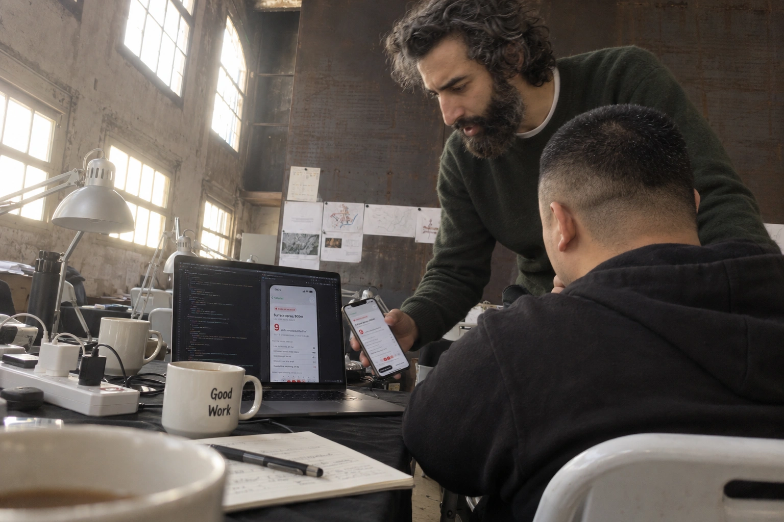 The project manager leaning over to show the engineer a flagged line on a phone, with the same screen open on the laptop in front of them.