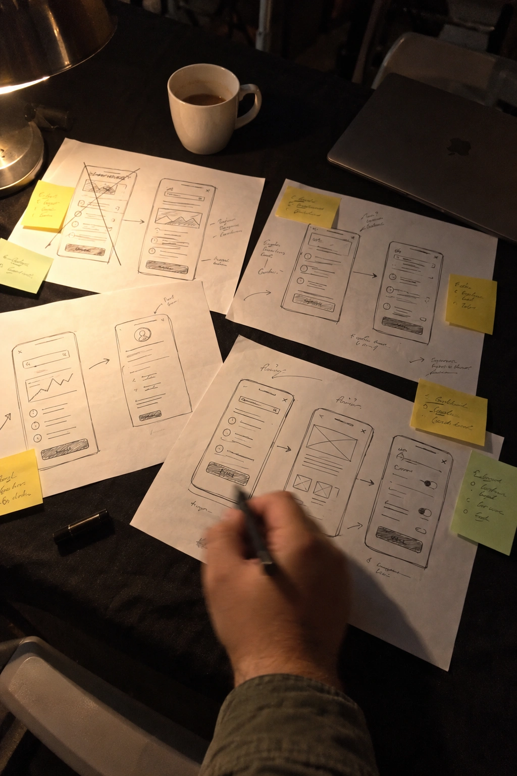 Hand-drawn sketches of phone screens for a stock count, spread across a desk with sticky notes, and a hand drawing another one.