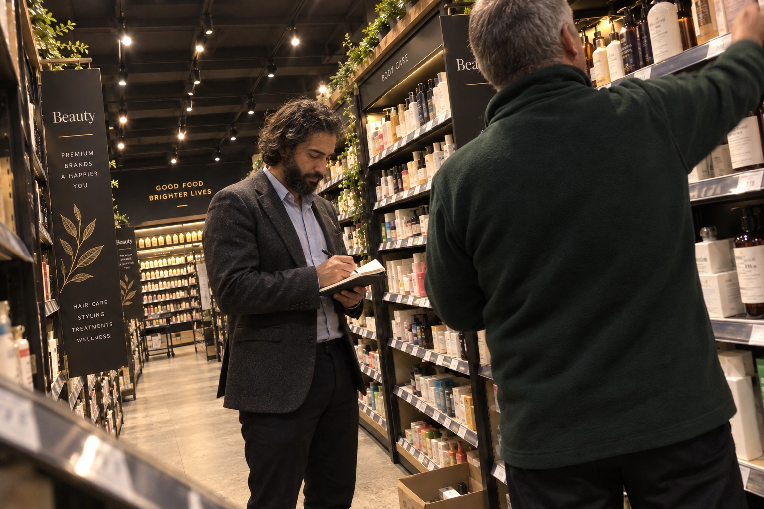The project manager writing in a notebook in a shop aisle while the owner, seen from behind, reaches for a shelf.