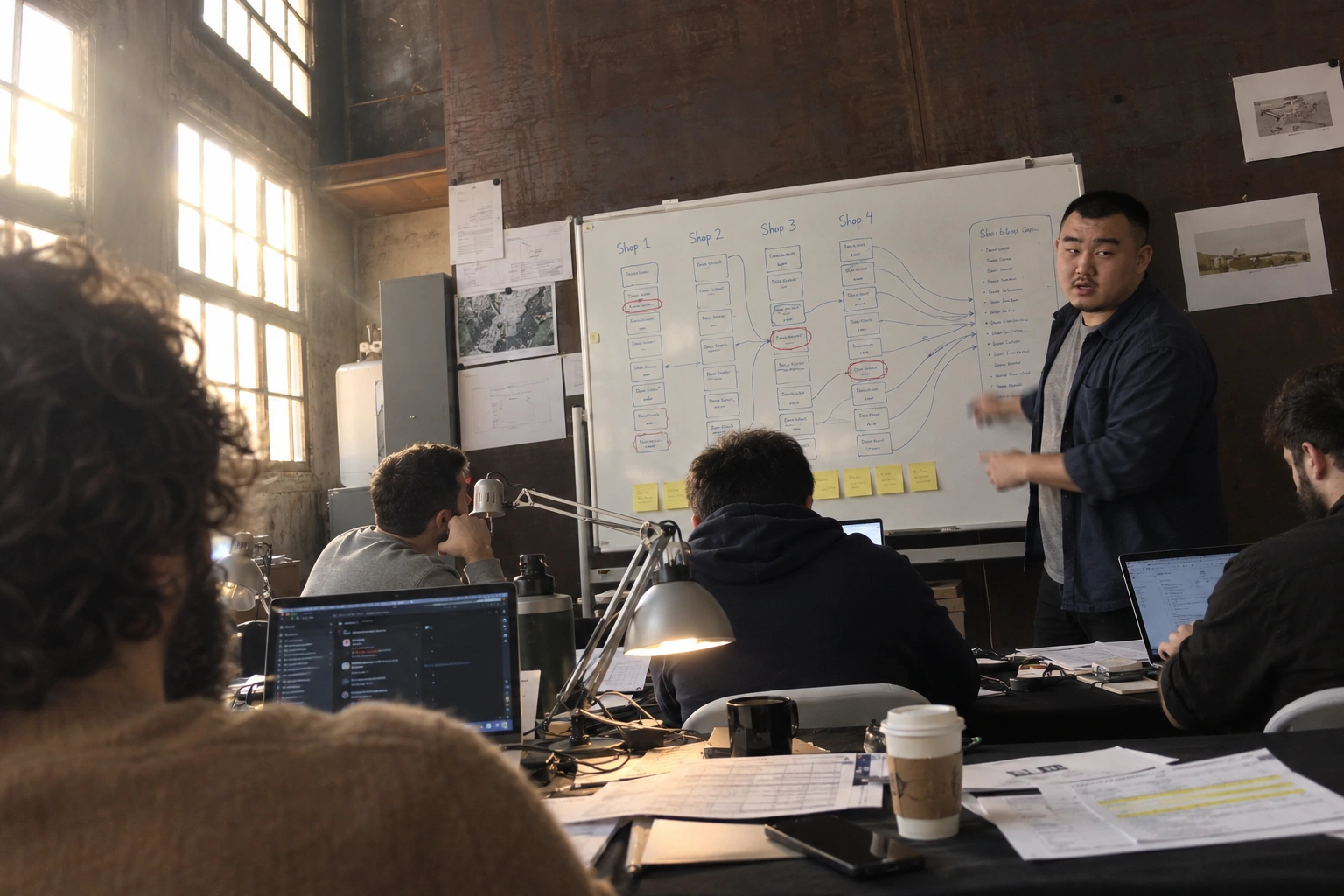 The engineer at a whiteboard mapping four shops' product lists into one, explaining it to colleagues at their desks.