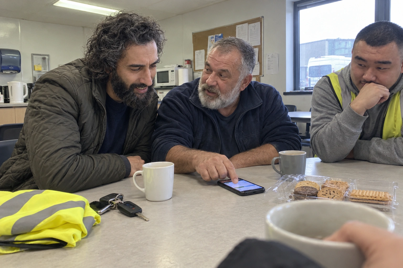 The project manager and the engineer at a table in the depot canteen with a driver, who is trying the driver screen on a phone and pointing something out.