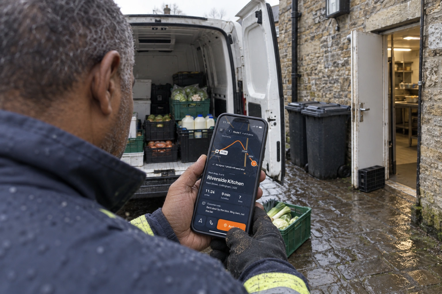 A delivery driver at the open back of a van in the yard behind a stone-built restaurant, holding a phone that shows the next drop.