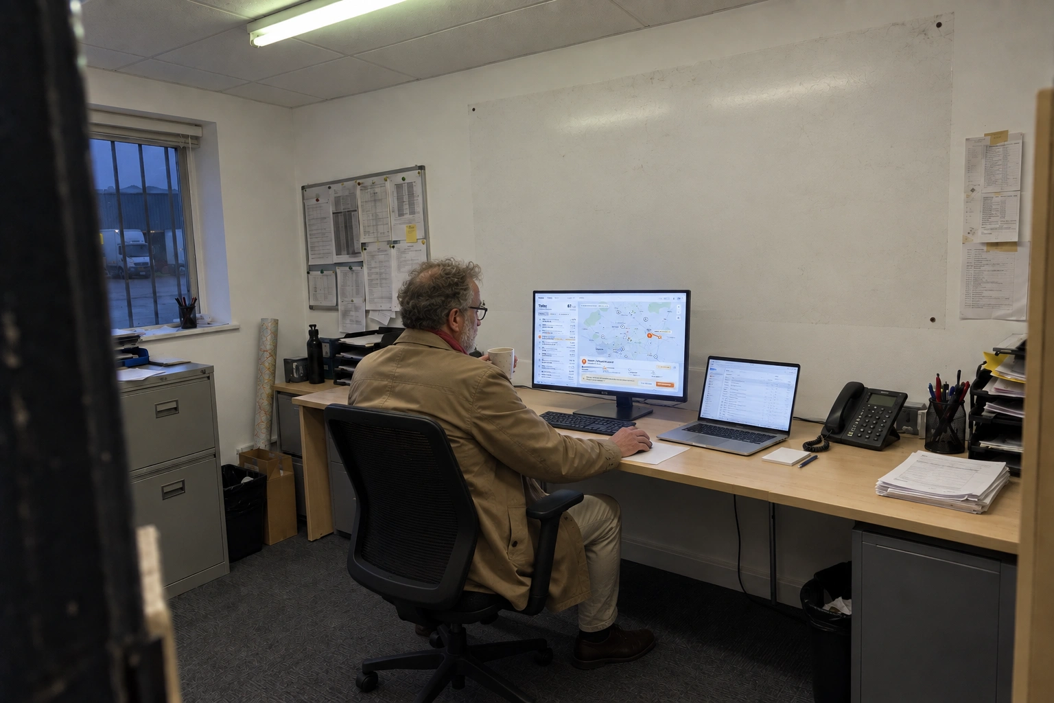 A man with a mug at the transport office desk, the live map of the vans on the monitor in front of him and a bare wall where the magnet map used to hang.