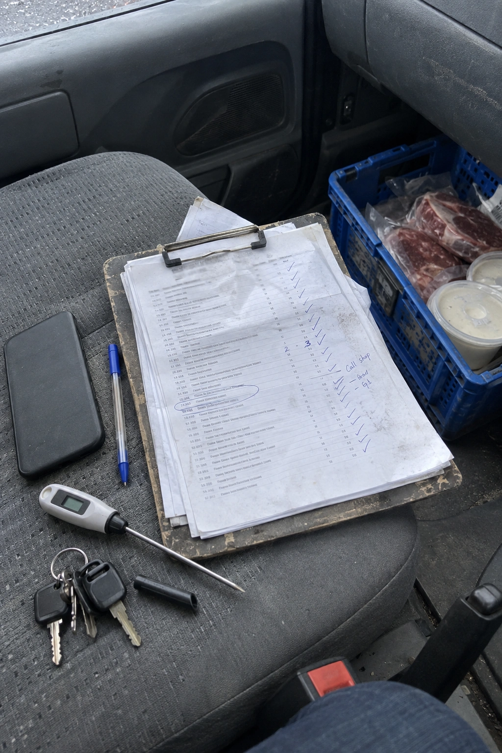 The passenger seat of a delivery van with a clipboard of marked-up delivery notes, a phone lying face down, a temperature probe, keys and a crate of chilled goods in the footwell.