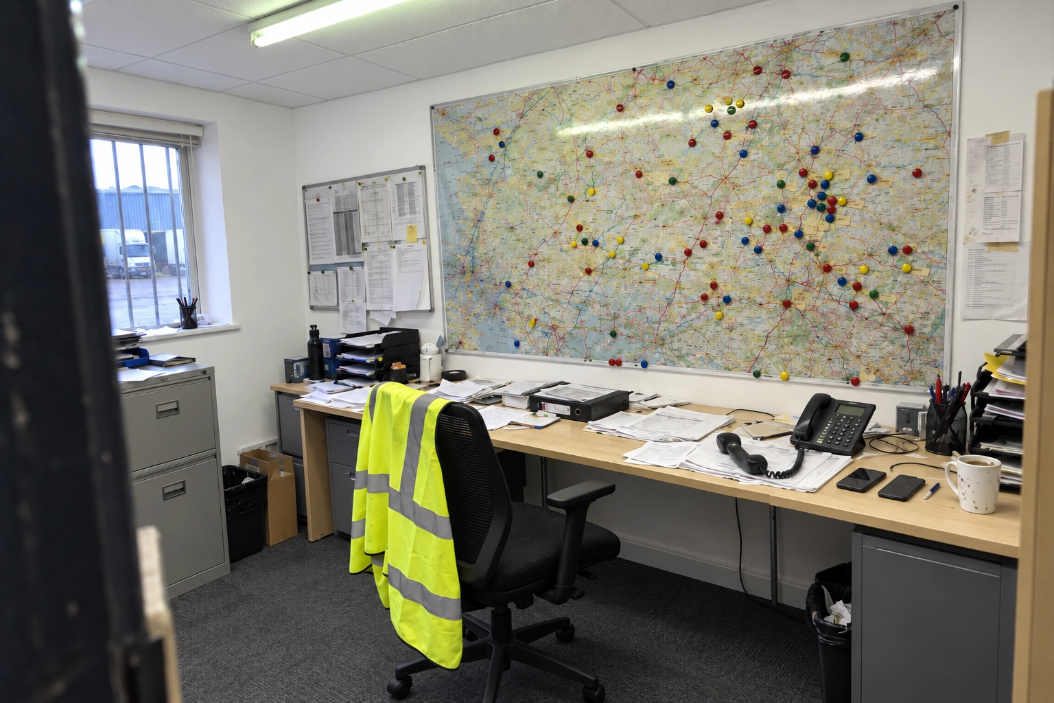 A laminated road map on a transport office wall dotted with coloured magnets, above a desk with a phone off the hook, two mobile phones and piles of delivery notes.