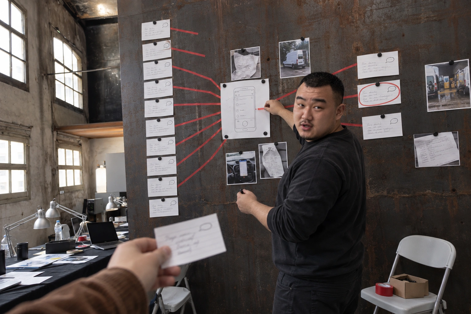 The engineer at the studio wall, joining a row of chat cards with red tape to a sketch of one phone screen and explaining it to a colleague.