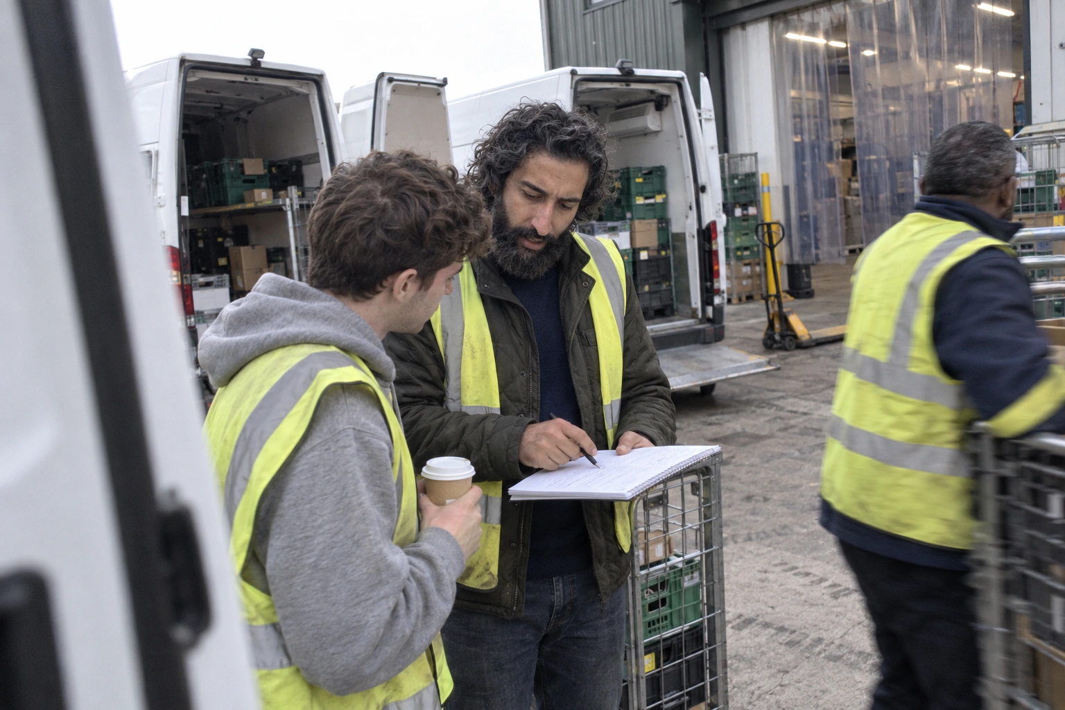 The project manager in a hi-vis vest in the depot yard, going through a page of notes with a driver while vans are loaded behind them.