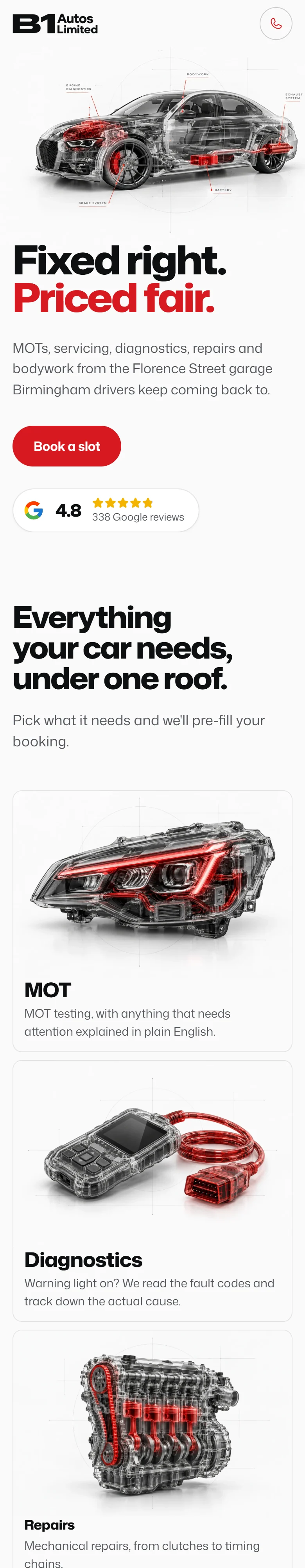 B1 Autos, Home: the whole page on a phone