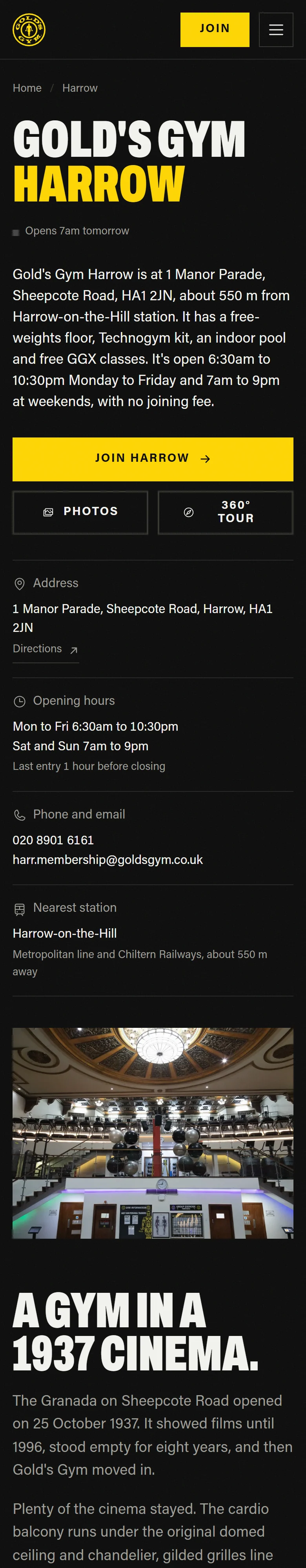 Gold's Gym London, Harrow club: the whole page on a phone