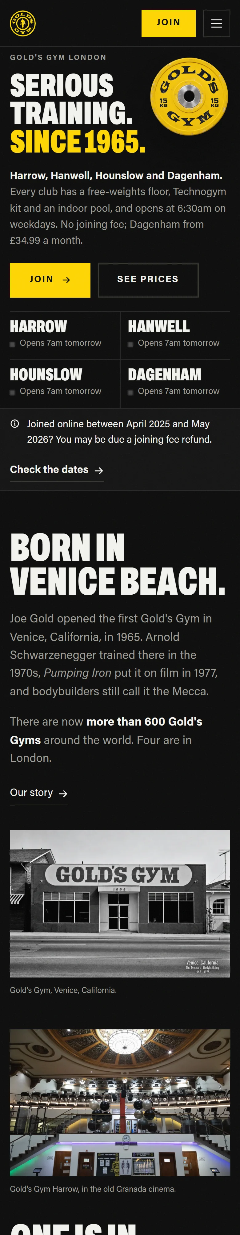 Gold's Gym London, Home: the whole page on a phone