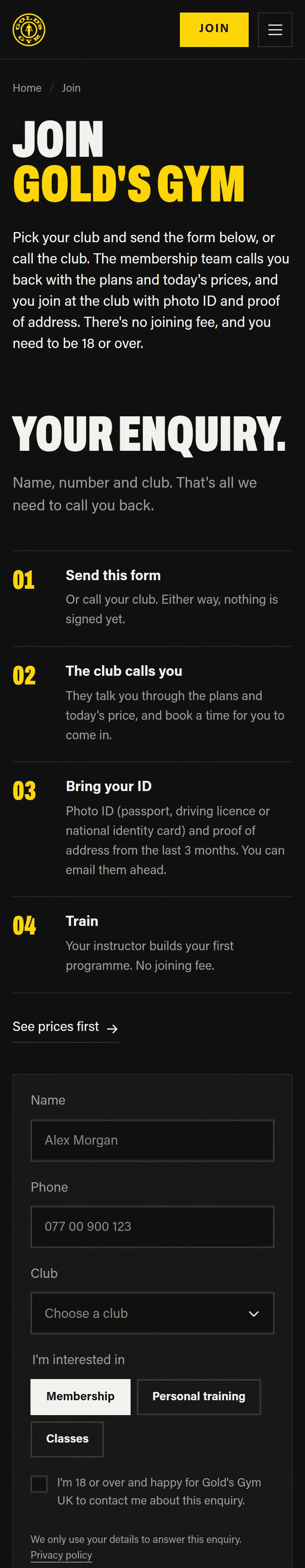 Gold's Gym London, Joining: the whole page on a phone