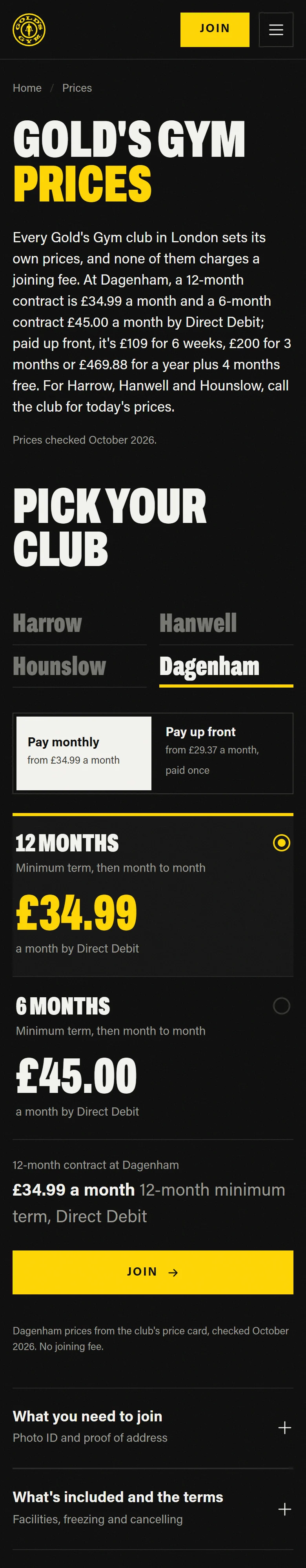 Gold's Gym London, Prices: the whole page on a phone