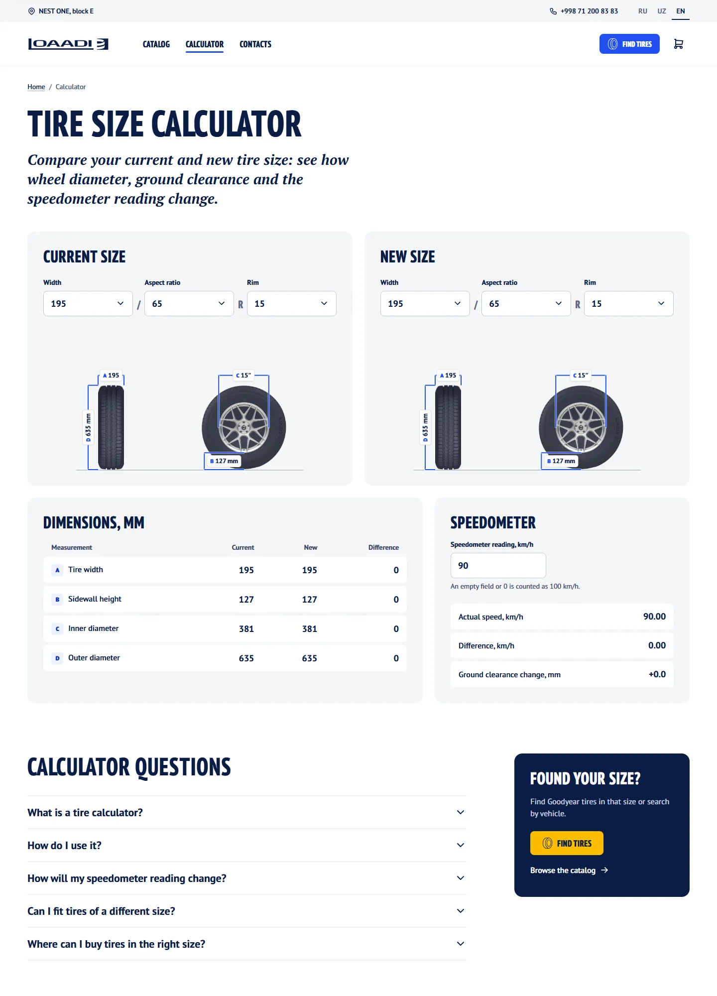 LOAADI, Tyre calculator: the whole page on a computer