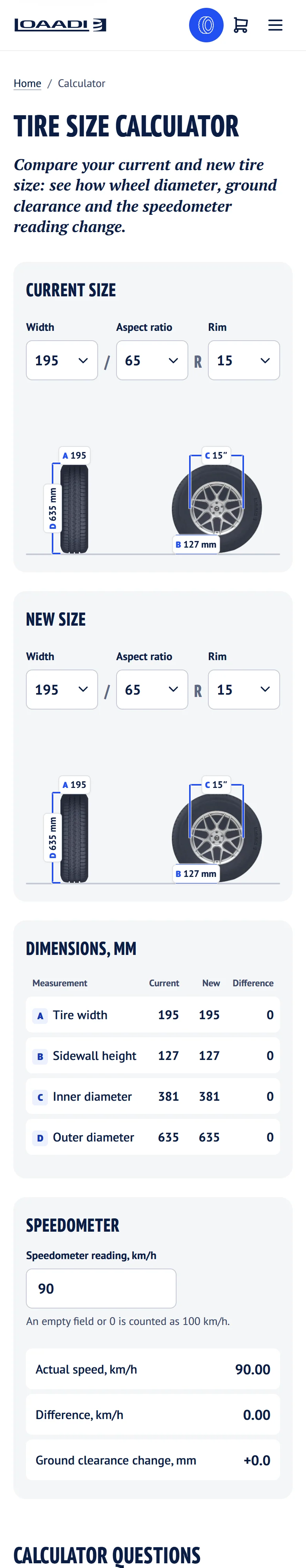 LOAADI, Tyre calculator: the whole page on a phone