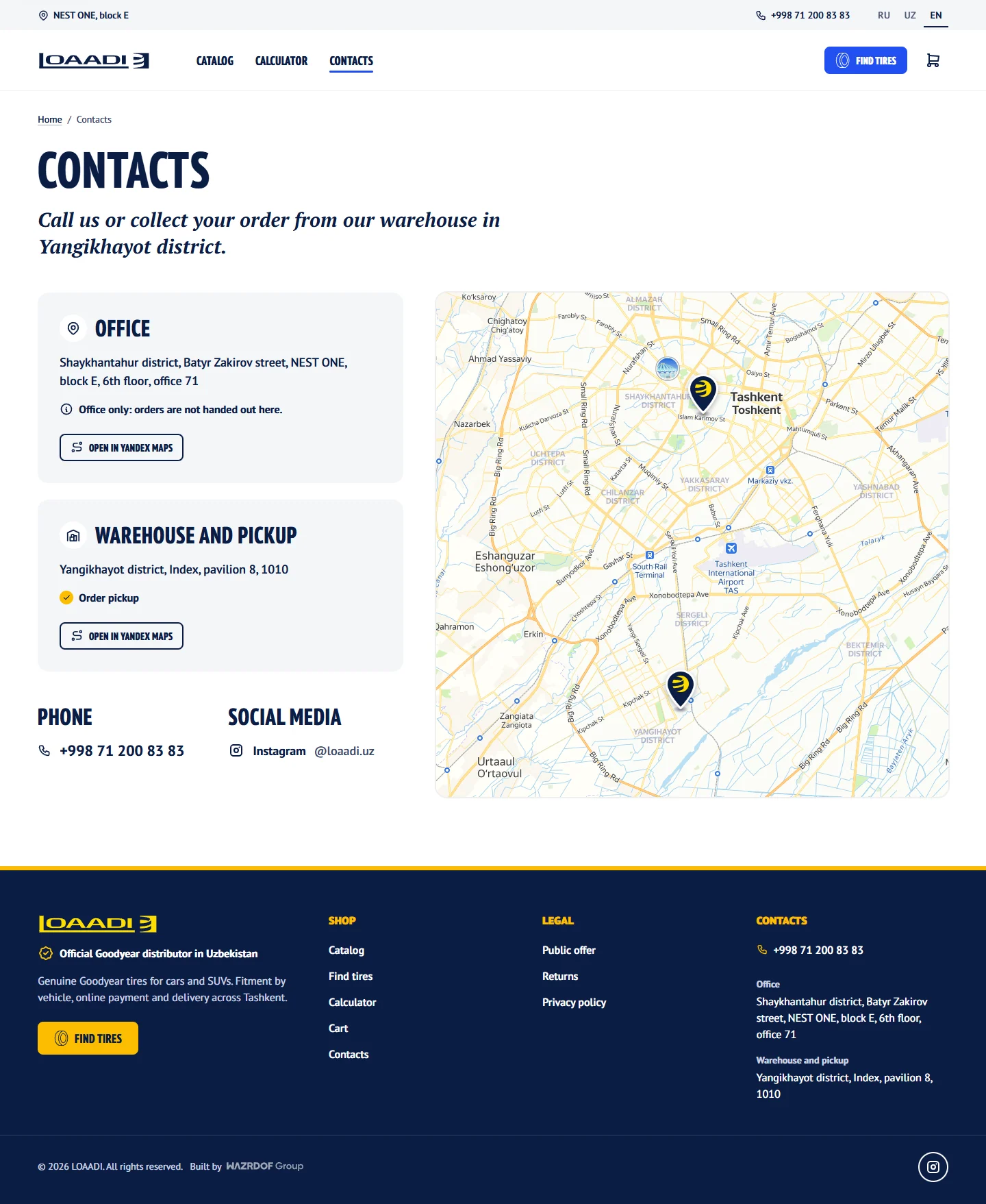 LOAADI, Contacts: the whole page on a computer