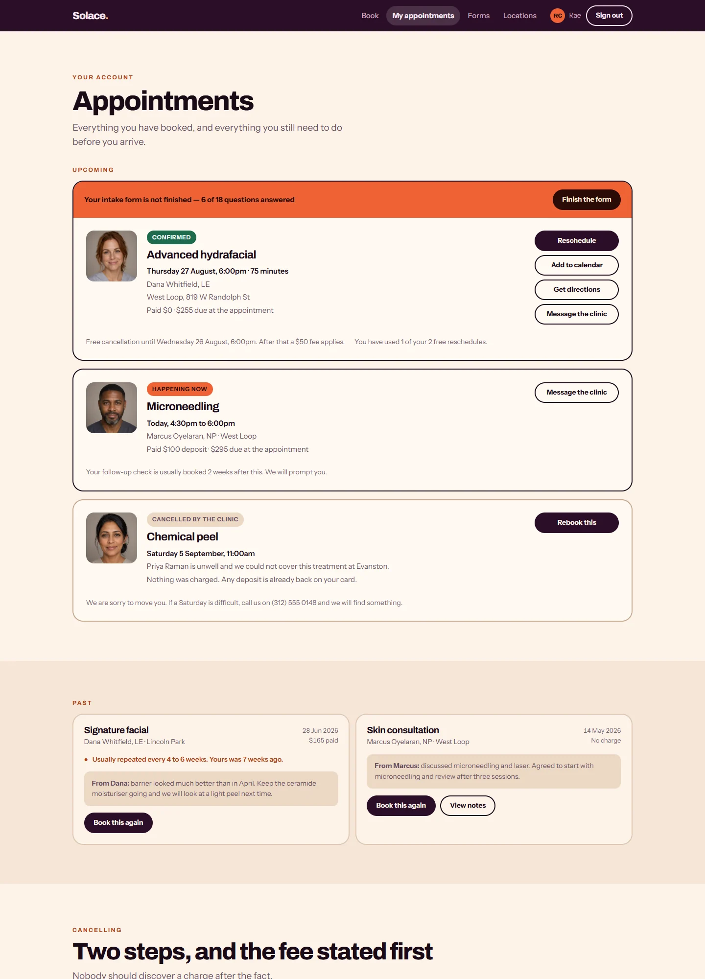 Solace Skin Bar, Your appointments: the whole page on a computer