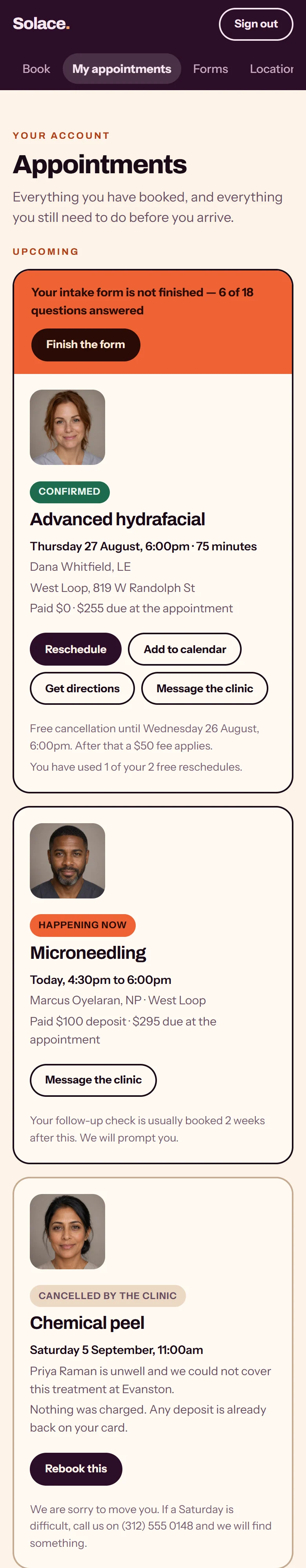 Solace Skin Bar, Your appointments: the whole page on a phone
