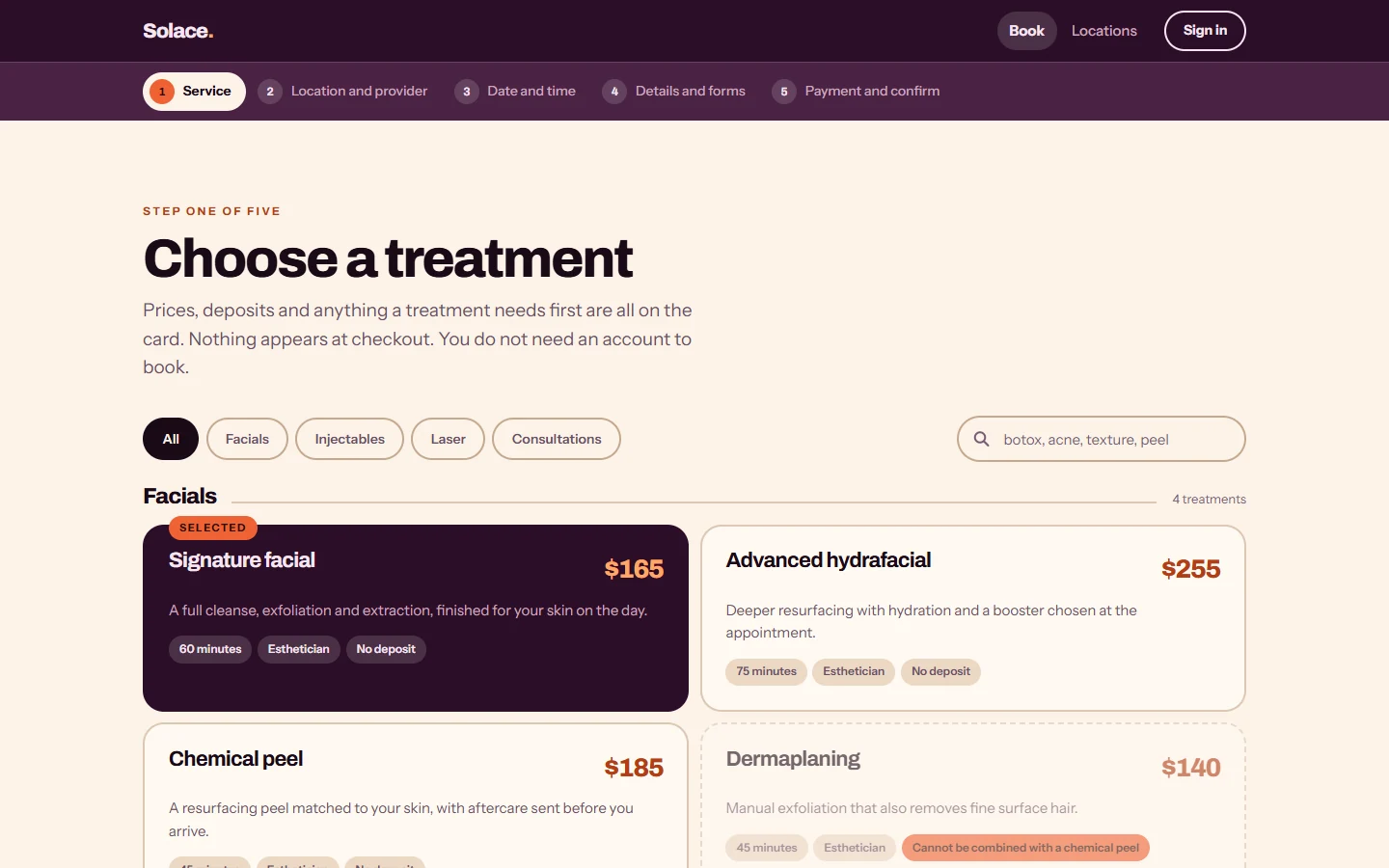 The first screen of the Solace Skin Bar site on a computer and on a phone