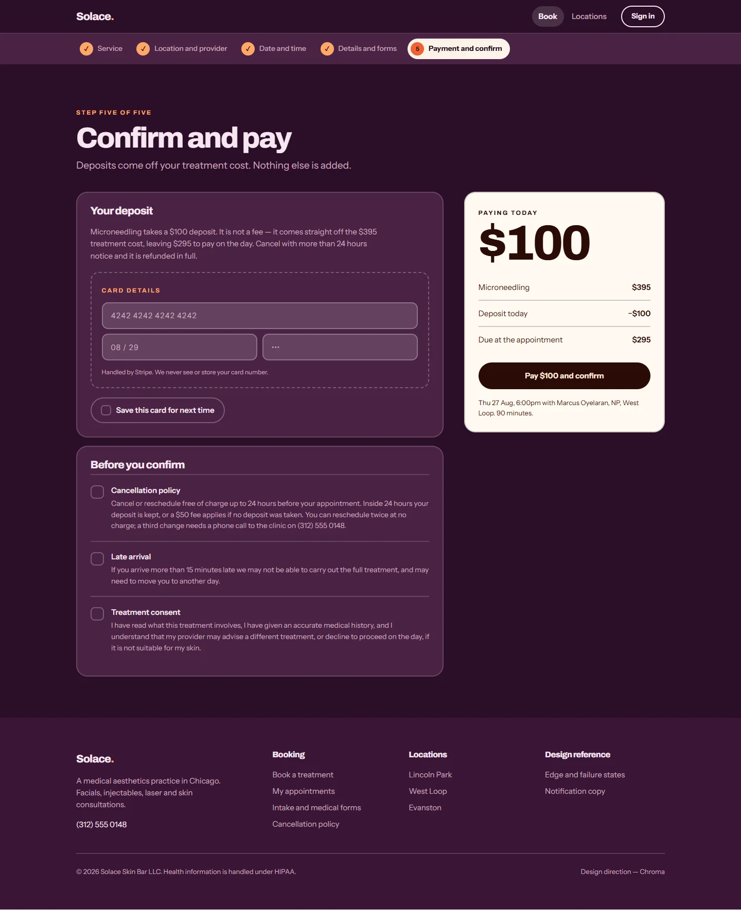 Solace Skin Bar, Paying and confirming: the whole page on a computer