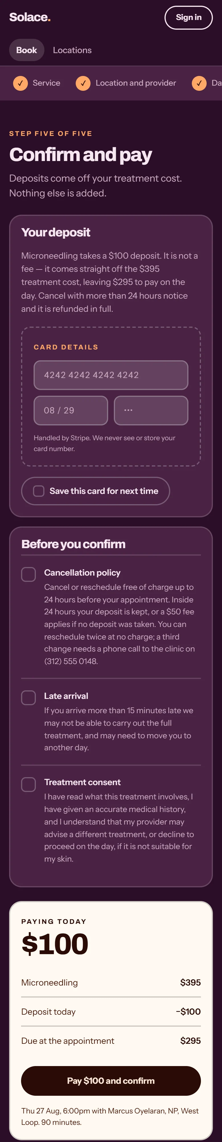 Solace Skin Bar, Paying and confirming: the whole page on a phone
