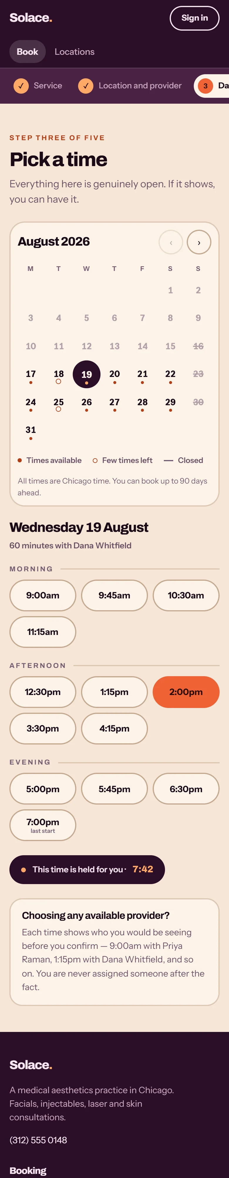 Solace Skin Bar, Picking a time: the whole page on a phone