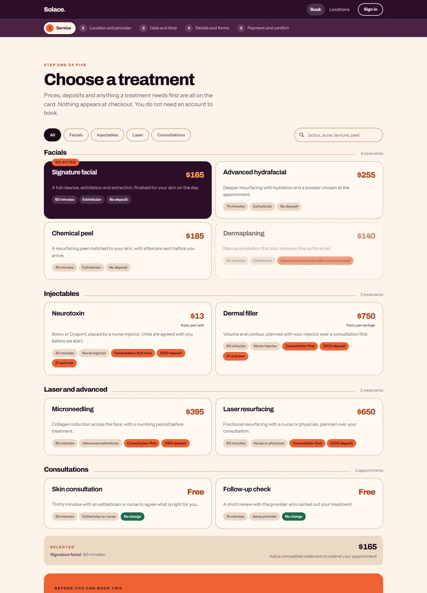 Solace Skin Bar, Choosing a treatment: the whole page on a computer