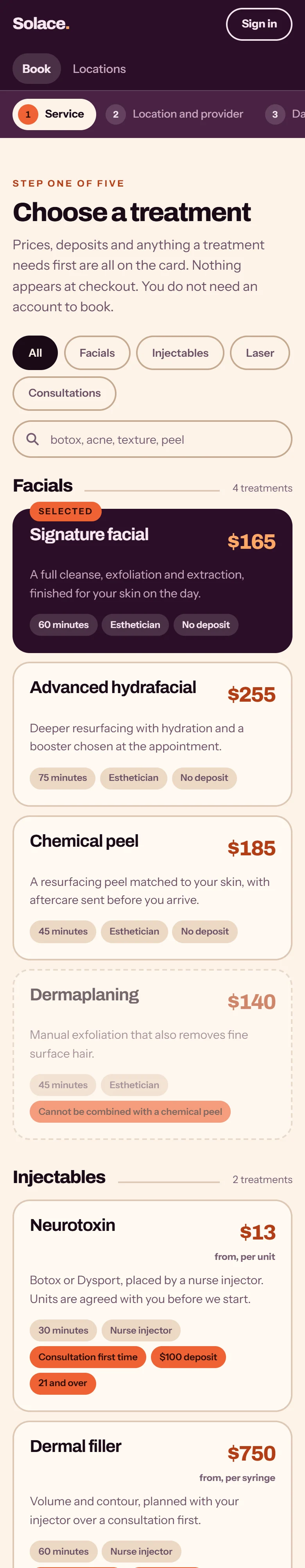Solace Skin Bar, Choosing a treatment: the whole page on a phone