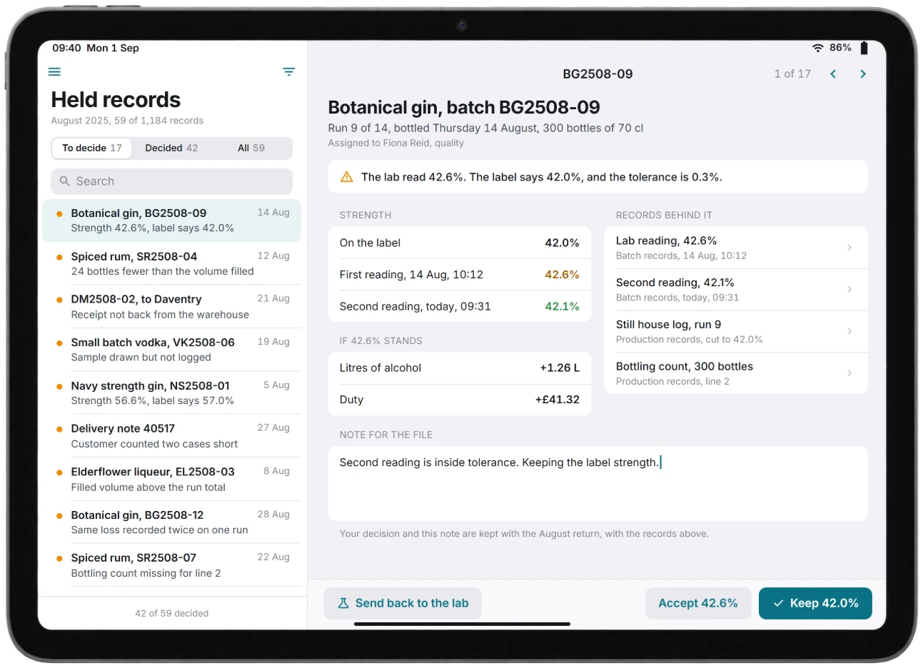 iPad screen in split view: on the left, August's records held for a decision, 17 still to decide and 42 of 59 decided, each with the reason it was held; on the right, one botanical gin batch open with its label strength, two lab readings, the effect on duty if the higher reading stands, the records behind it, a note for the file and buttons to keep the label strength, accept the reading or send it back to the lab.