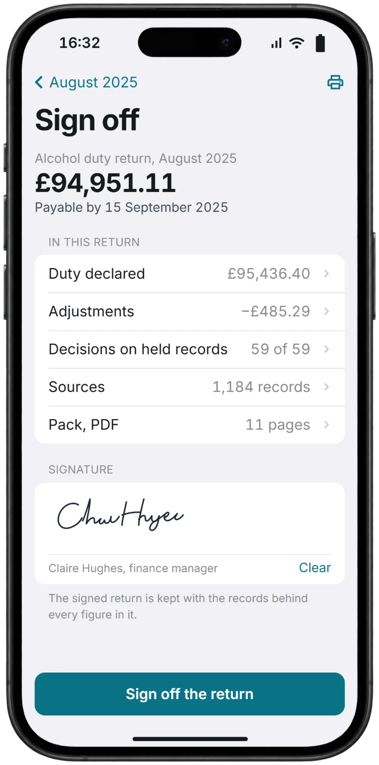 iPhone screen for signing off the August 2025 alcohol duty return: £94,951.11 payable by 15 September, what the return contains (duty declared, adjustments, 59 of 59 decisions, 1,184 source records and an 11 page PDF pack), a handwritten signature and the sign-off button.