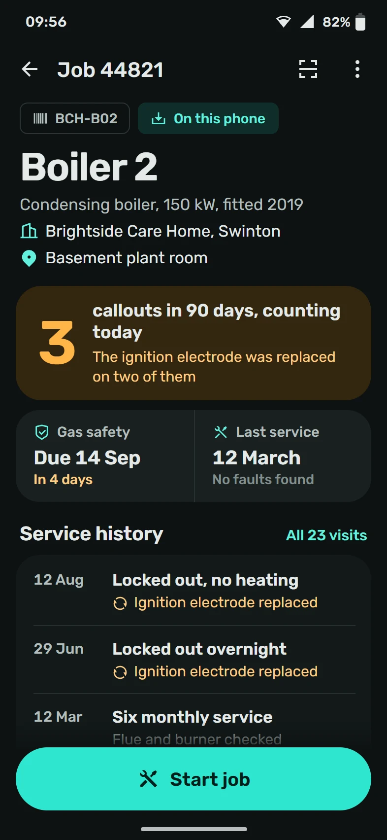 Dark Android phone screen for one boiler in a care home's basement plant room: an amber panel showing three callouts in 90 days with the ignition electrode replaced on two of them, the gas safety check due in four days, the last service date, the service history and a Start job button.