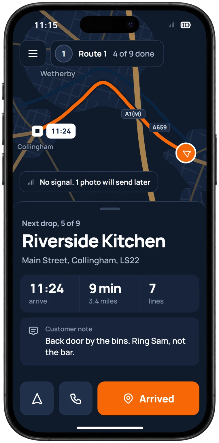 Phone screen from the driver app on the way to the next drop: a dark navy map with the route in orange, the customer's name and address in large type, the arrival time and distance, a note from the customer, a notice that one photo will send when there is signal, and a large orange button to mark arrival.
