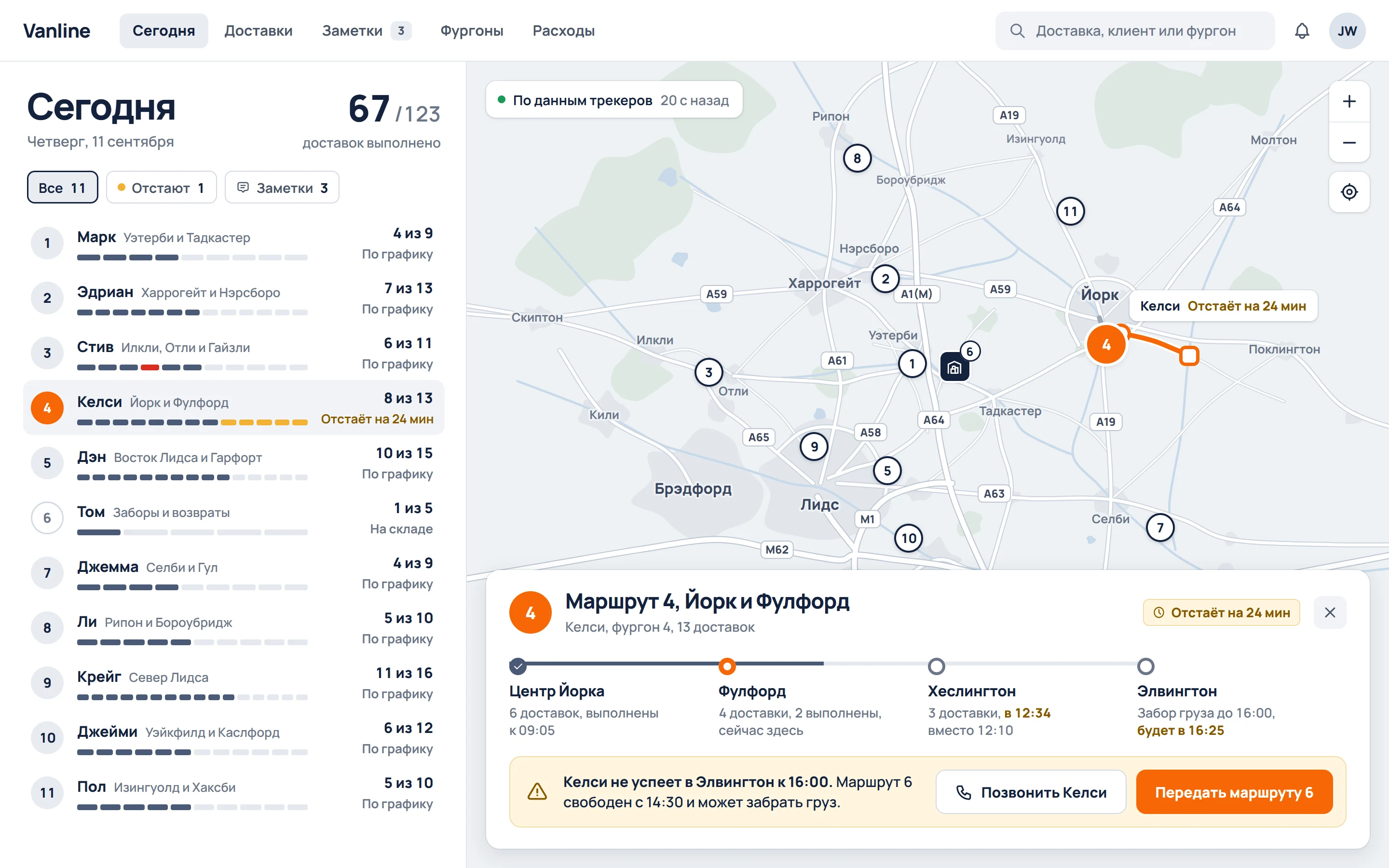 Экран ноутбука в диспетчерской в четверг утром: одиннадцать маршрутов, у каждого водитель и сколько доставок уже сделано, карта, где сейчас каждый фургон, и маршрут 4 в Йорк, который отстаёт на 24 минуты, с порядком доставок и предложением передать забор груза другому маршруту.