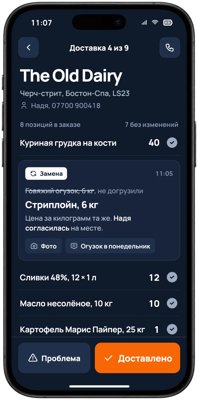Экран приложения водителя на одной доставке: название клиента, адрес и контакт, позиции заказа и замена, привязанная к этой доставке (вместо говяжьего огузка стриплойн по той же цене за килограмм, клиент согласился на месте, фото приложено).
